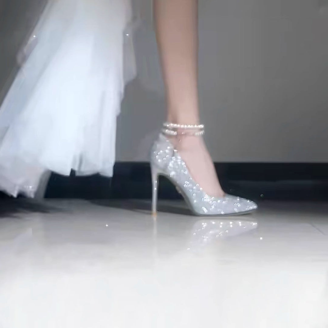 Damen glamouröse High Heels mit funkelndem Perlenschmuck EB