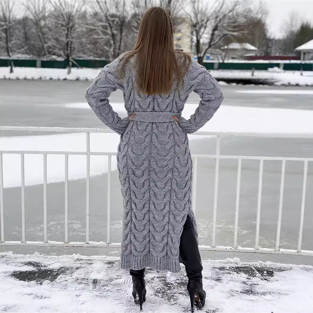 Damen Grobstrick-Mantel mit markantem Zopfdesign und offenem Schnitt EB