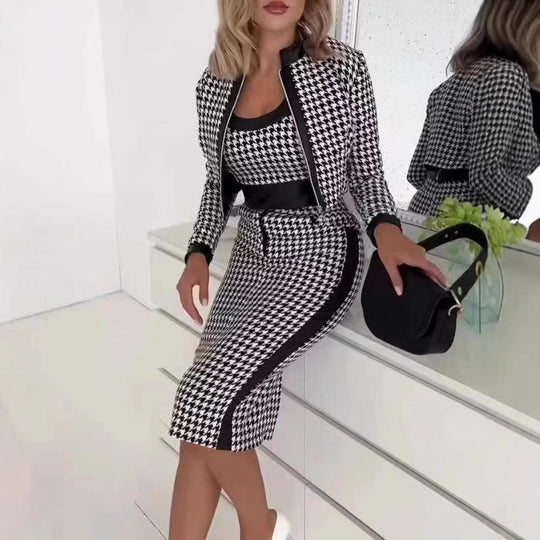 Damen Stilvolles Blazer-Kleid-Set mit grafischem Muster und tailliertem Schnitt EB