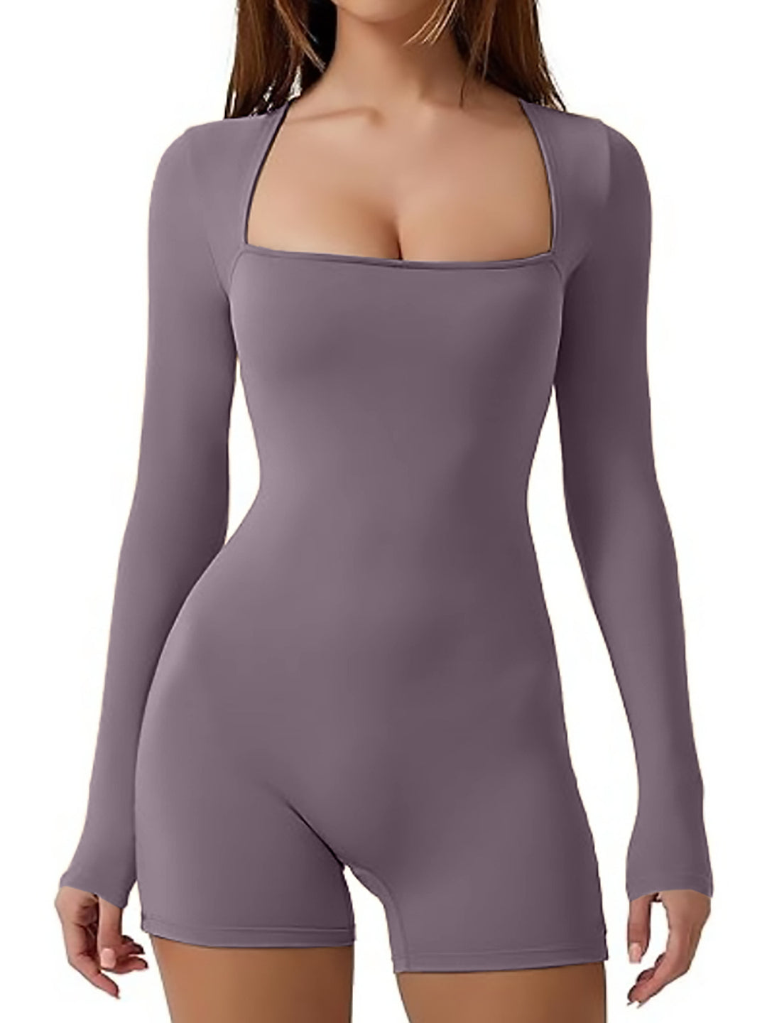 Damen Figurbetontes Langarm-Body mit quadratischem Ausschnitt EB
