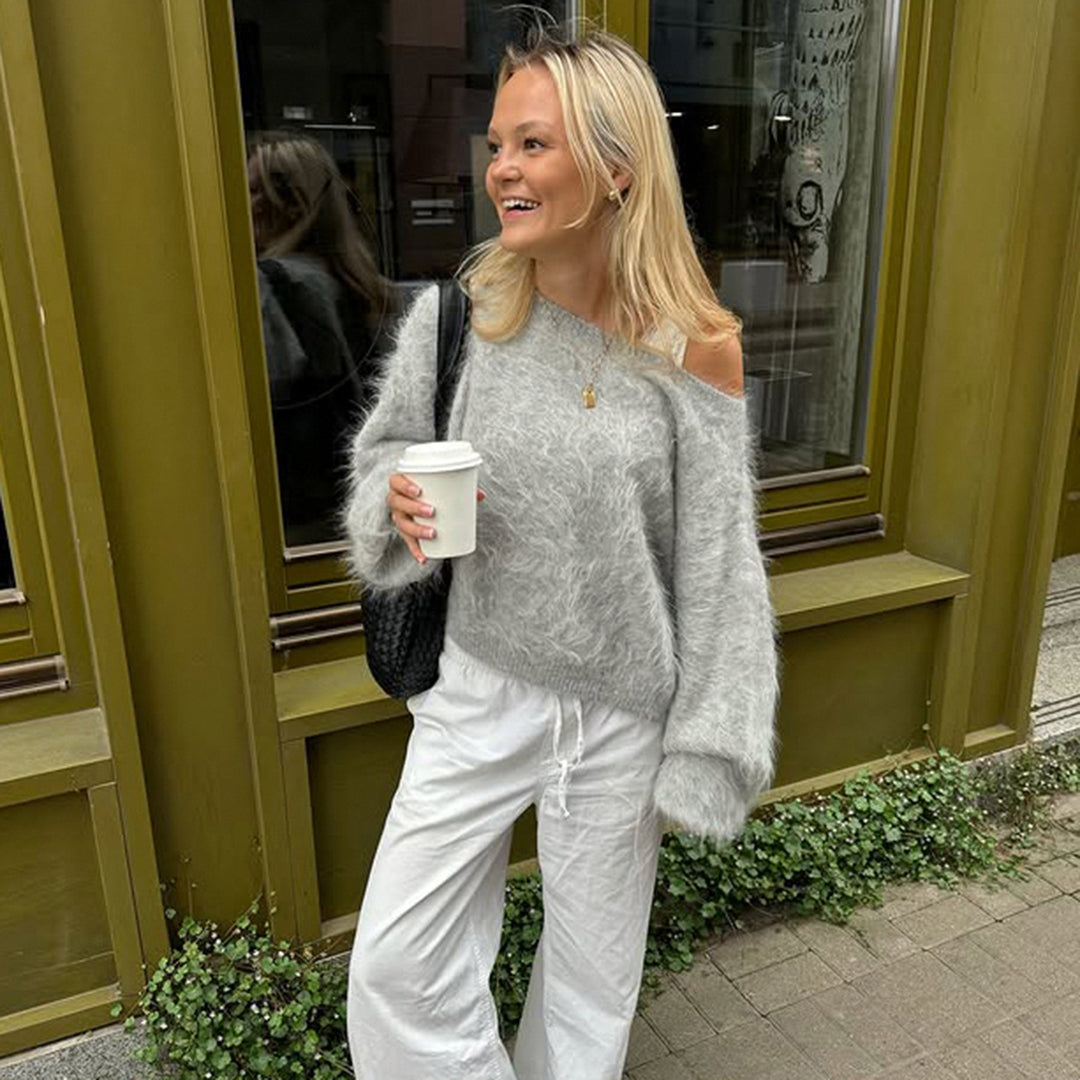Damen nan oversized flauschiger Mohair-Blend Off-Shoulder Pullover mit Balloon-Ärmeln EB