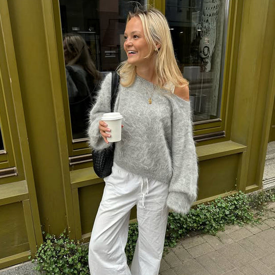 Damen nan oversized flauschiger Mohair-Blend Off-Shoulder Pullover mit Balloon-Ärmeln EB