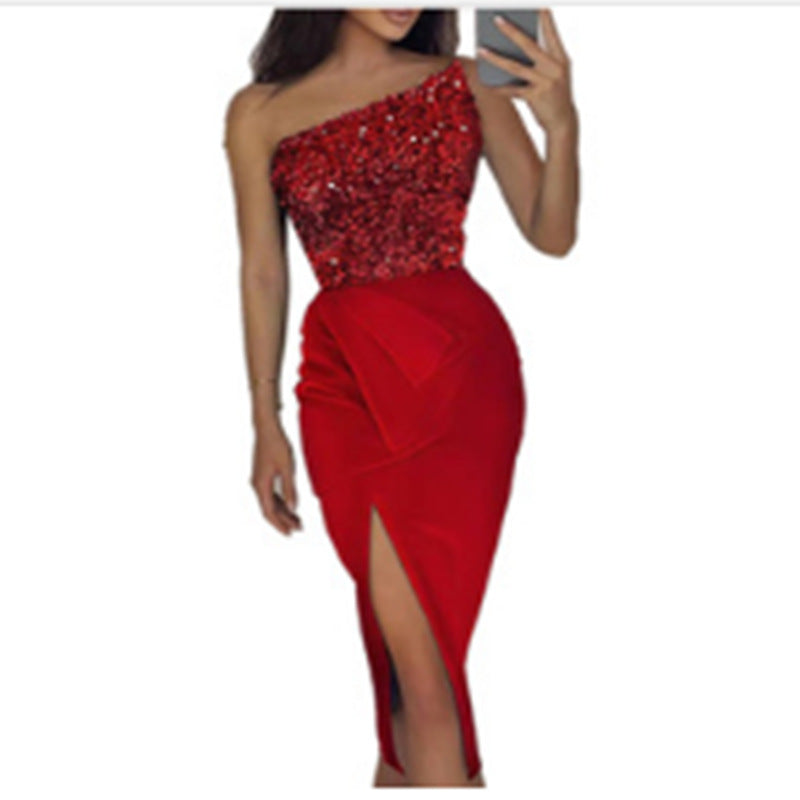 Damen Glamouröses Abendkleid mit asymmetrischem Ausschnitt und schimmerndem Oberteil EB