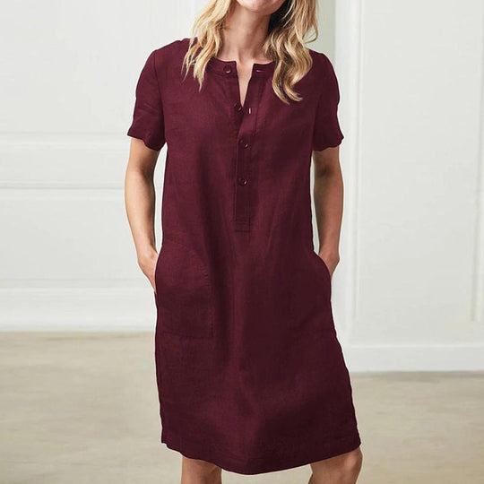Damen lässiges Leinenkleid mit Knopfleiste und praktischen Taschen EB