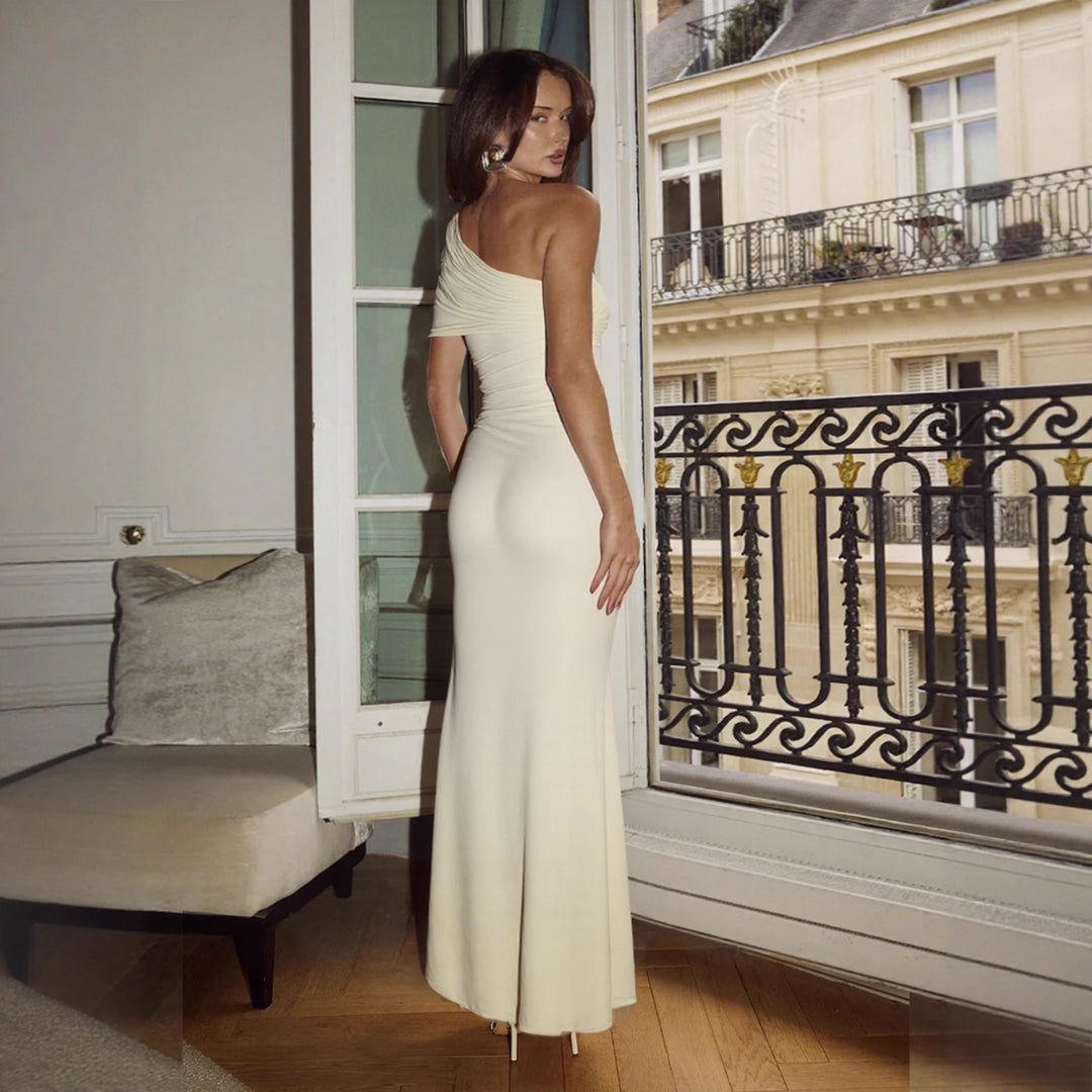 Damen Elegantes One-Shoulder Maxikleid mit figurbetonendem Schnitt und verspieltem Bindeband EB