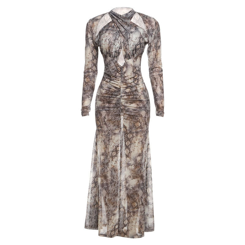Damen Schlangehaut Maxikleid mit raffiniertem Schnitt und Deep-V-Ausschnitt EB
