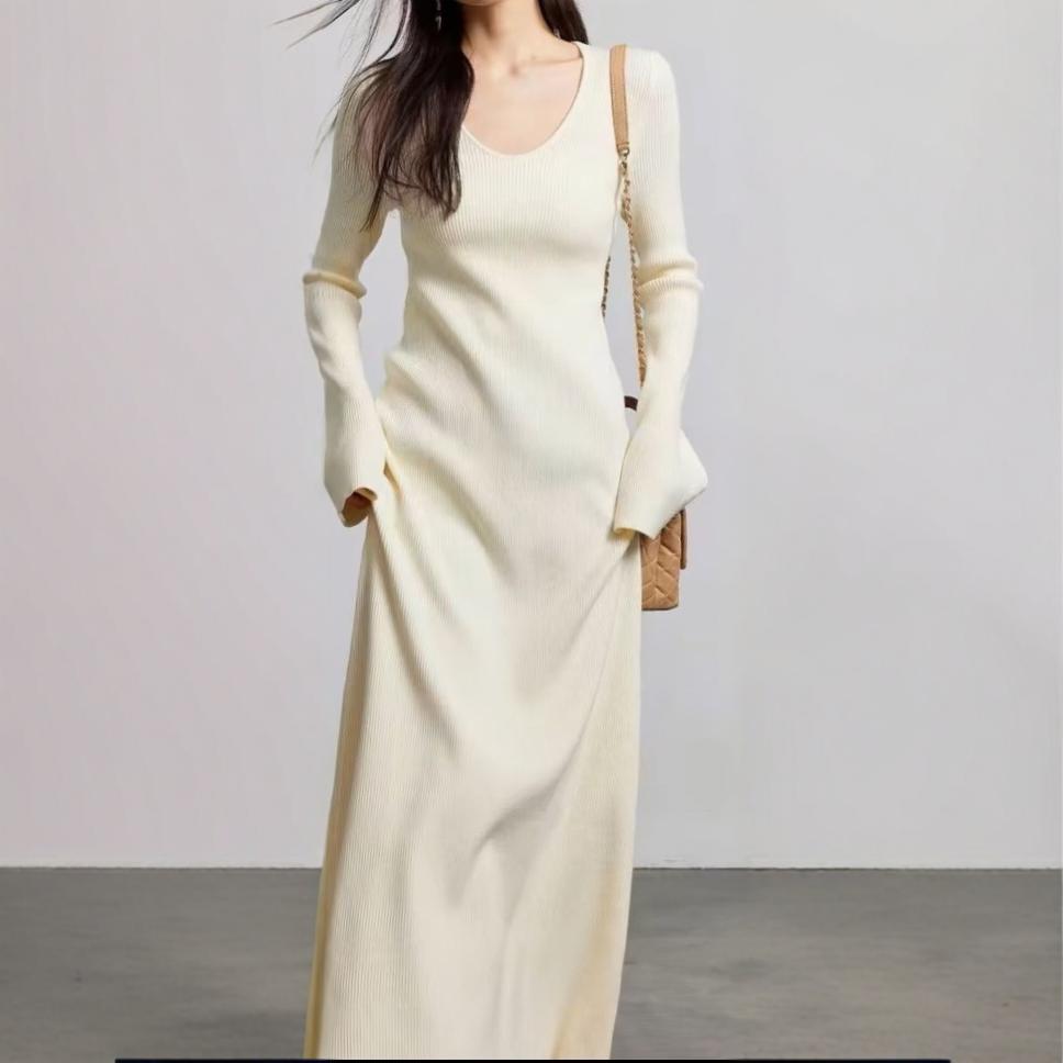 Damen elegantes Maxikleid mit feiner Rippstruktur und V-Ausschnitt EB
