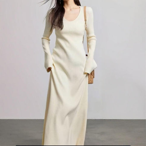 Damen elegantes Maxikleid mit feiner Rippstruktur und V-Ausschnitt EB