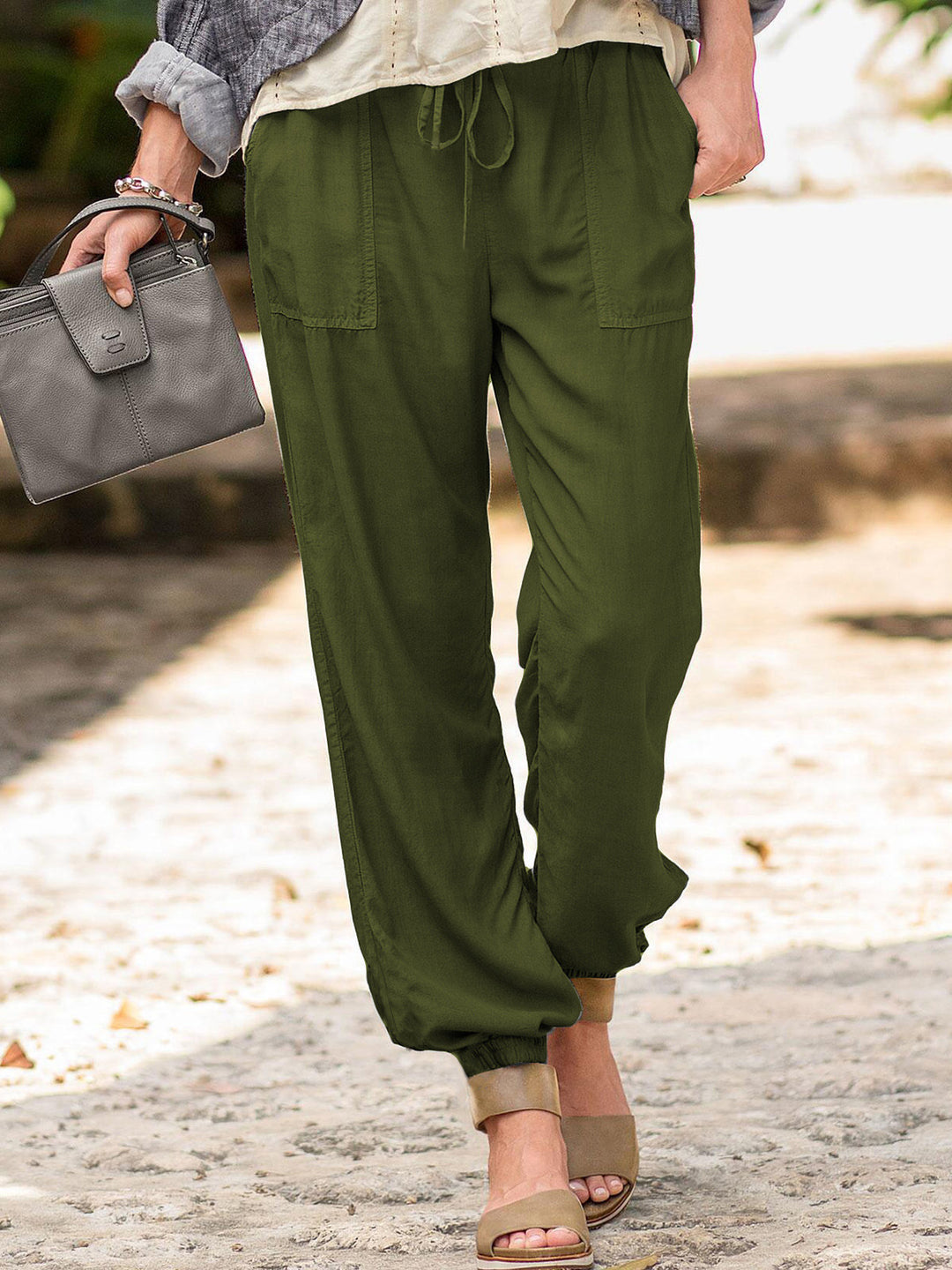 Damen nan lässige Leinenoptik Jogginghose mit Tunnelzug, aufgesetzten Taschen und elastischen Bündchen EB