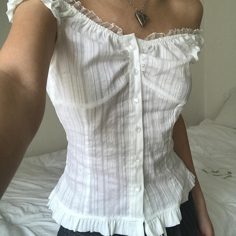 Damen Off-Shoulder Bluse mit Rüschensaum EB
