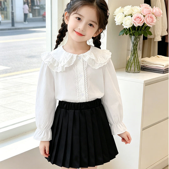 Mädchen Bluse mit voluminösem Spitzenkragen und Rüschendetails EB