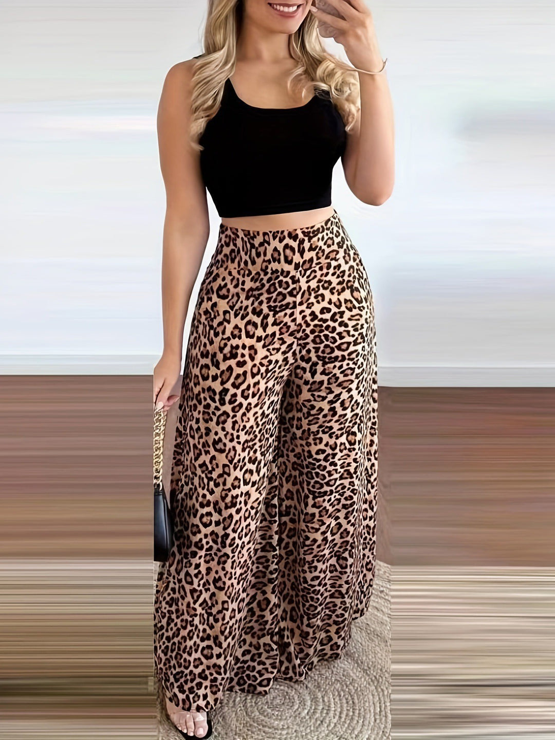 Damen Weite Leoprint-Hose mit hohem Bund und elastischem Taillenbund EB