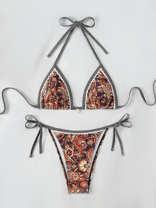 Damen Triangel-Bikini-Set mit verstellbaren Bindebändern und floralem Design EB