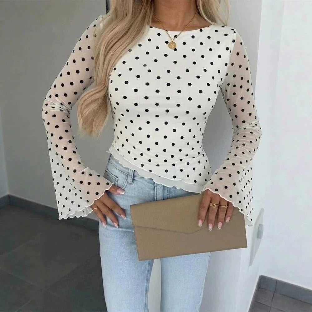 Damen Transparente Mesh-Polka‑Dot-Bluse mit taillierter Passform und Glockenärmeln EB