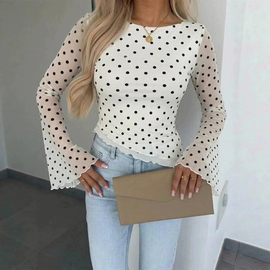 Damen Transparente Mesh-Polka‑Dot-Bluse mit taillierter Passform und Glockenärmeln EB