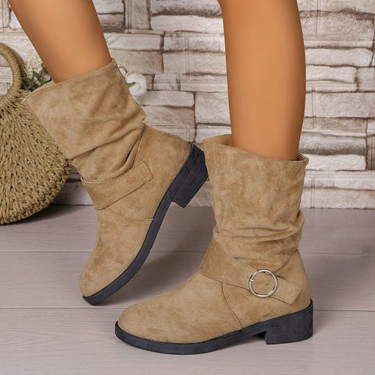 Damen Stiefeletten mit modischem Falten-Design und dekorativem Riemen EB