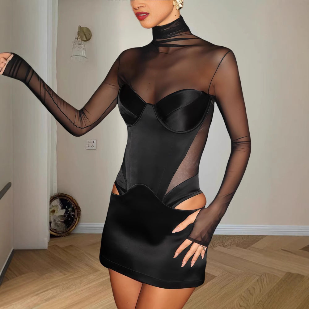 Damen Figurbetontes Kleid mit transparenten Ärmeln und asymmetrischen Cut-Out Details EB