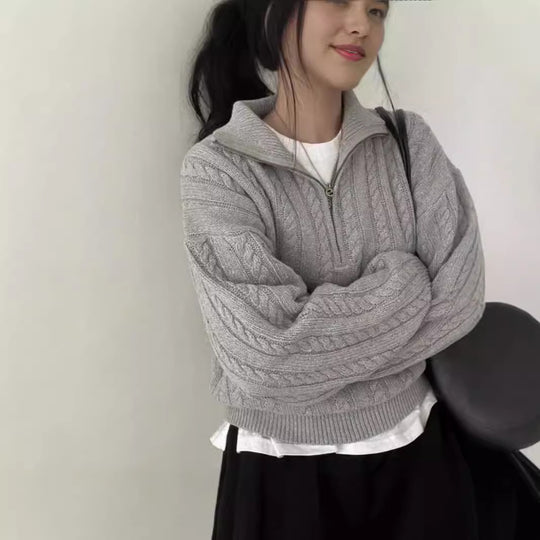 Damen kuscheliger Strickpullover mit hochschließendem Kragen und Zipper EB