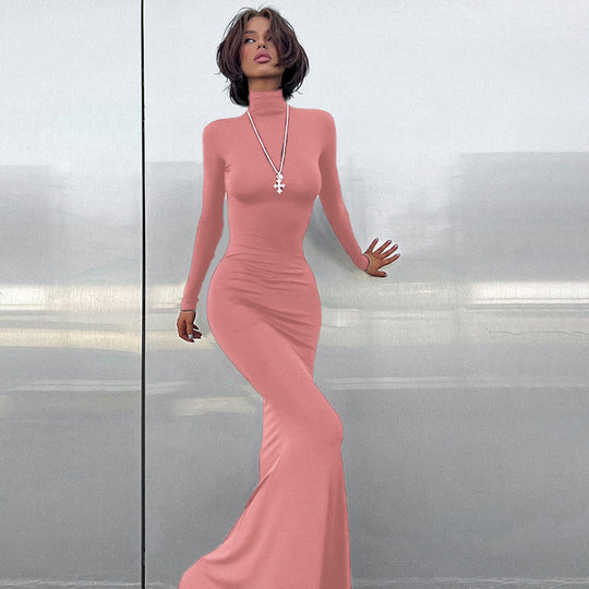 Damen elegantes Maxikleid mit figurbetonter Silhouette und hohem Kragen EB