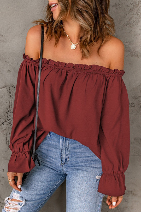 Damen Off-Shoulder Bluse mit Raffungen und weiten Ärmeln EB