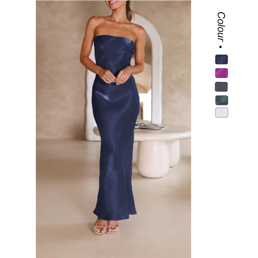 Damen Elegantes Bandeau-Maxikleid mit fließendem Satin und körpernaher Silhouette EB