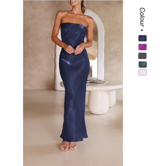 Damen Elegantes Bandeau-Maxikleid mit fließendem Satin und körpernaher Silhouette EB