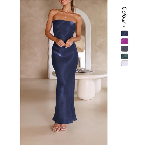 Damen Elegantes Bandeau-Maxikleid mit fließendem Satin und körpernaher Silhouette EB