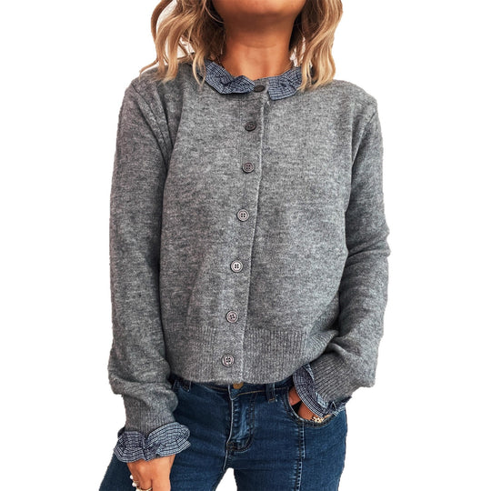 Damen Strickjacke mit abnehmbaren Kragen und Knopfdetails EB