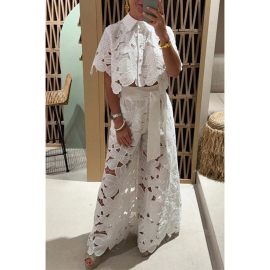 Damen Zweiteiliges Spitzen-Set mit Blumenstickerei und Palazzohose EB