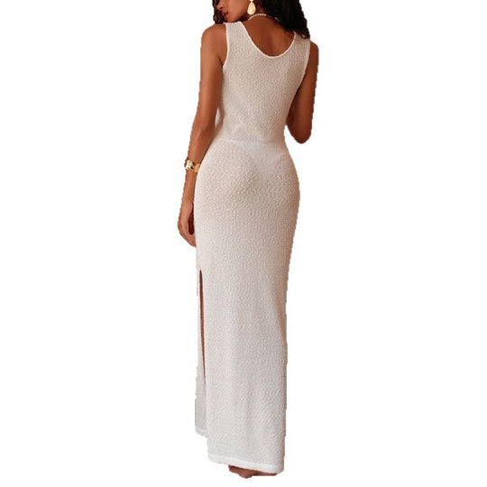 Damen figurbetontes Langkleid mit Off-Shoulder-Ausschnitt und hohem Schlitz EB