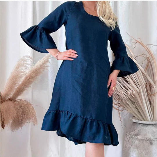 Damen Leichtes Leinenkleid mit Rüschendetails und weitem Schnitt EB