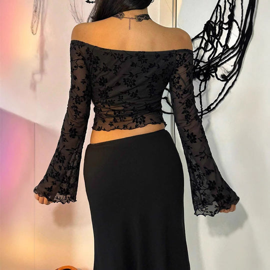Damen Elegantes Off-Shoulder Oberteil mit floralem Spitzenmuster und ausgestellten Ärmeln EB