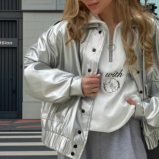 Damen Oversized Kunstlederjacke mit dekorativen Taschen und modischer Schnürung EB