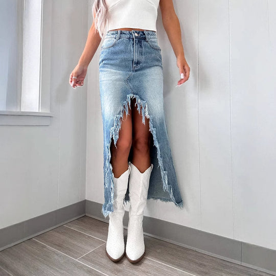 Damen Jeansrock mit asymmetrischem Schlitz und Fransensaum EB
