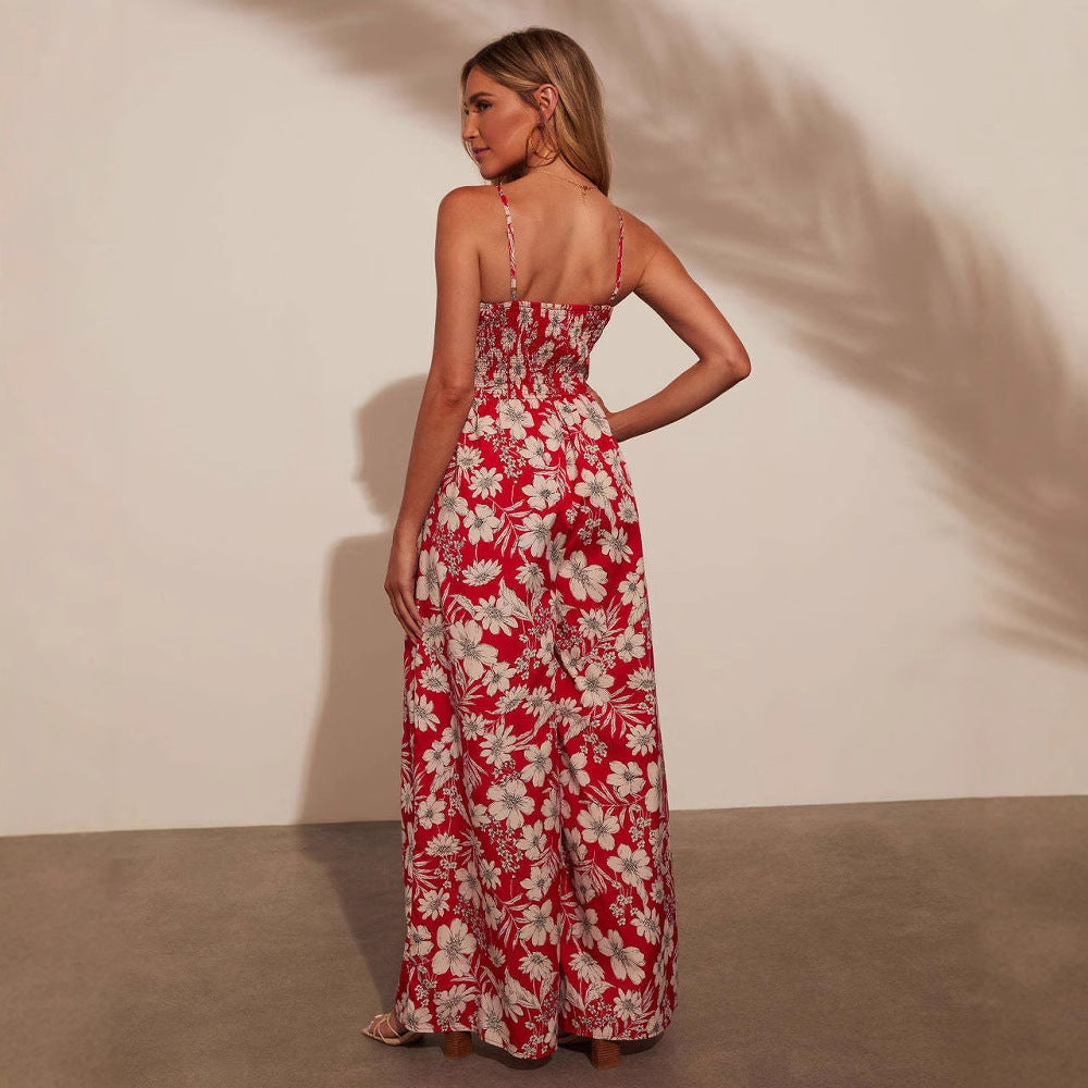 Damen Maxikleid mit floralem Design und elastischer Taille EB