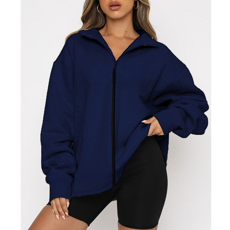 Damen Oversized Sweatjacke mit hohem Kragen und durchgehendem Reißverschluss EB