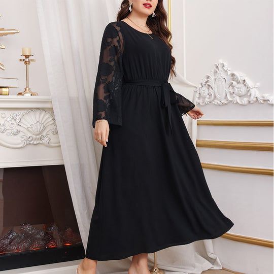Damen Maxikleid mit transparenten Ärmel und eleganter Taillenbindung EB