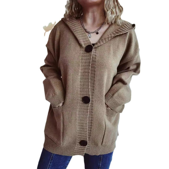 Damen bequeme Strickjacke mit Kapuze und praktischen Taschen EB
