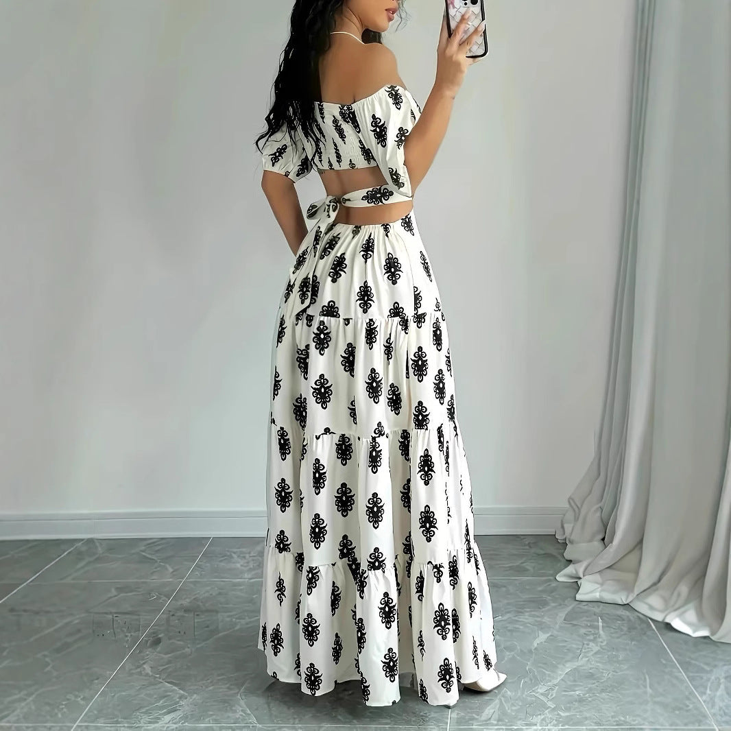 Damen Off-Shoulder Maxikleid mit Rüschendetails und floralen Mustern EB