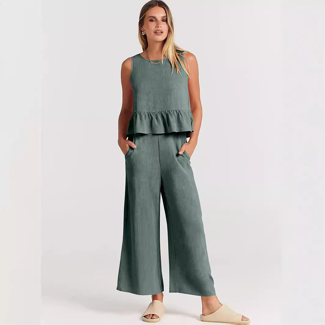 Damen Zweiteiler-Set mit schickem Peplum-Oberteil und weit geschnittenen Hosen EB