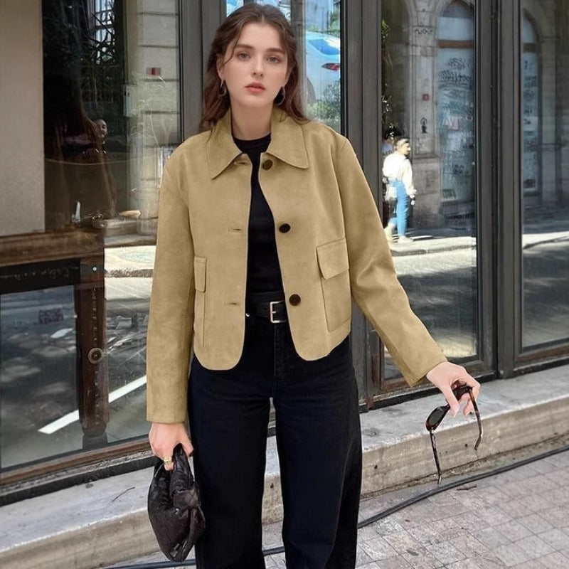Damen modische Wildlederjacke mit praktischen Taschen und klassischem Kragen EB