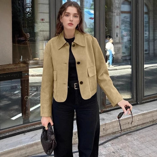 Damen modische Wildlederjacke mit praktischen Taschen und klassischem Kragen EB