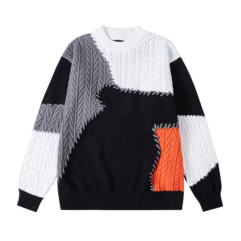 Herren nan strukturierter Patchwork-Strickpullover mit Zopfmuster und Rundhals EB