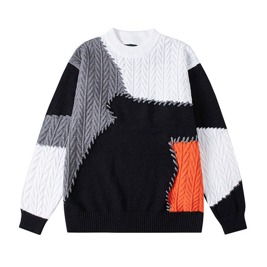 Herren nan strukturierter Patchwork-Strickpullover mit Zopfmuster und Rundhals EB