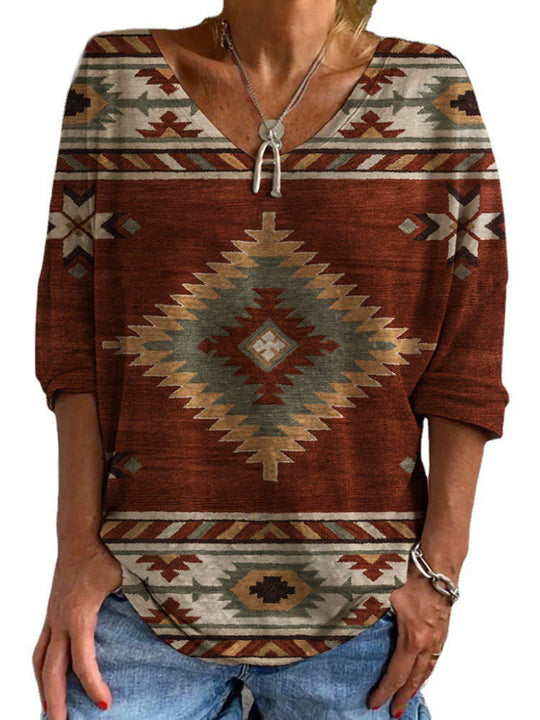 Damen Aztekisch gemustertes Oversize-Tunika-Top mit V-Ausschnitt und dreiviertel-Ärmeln EB