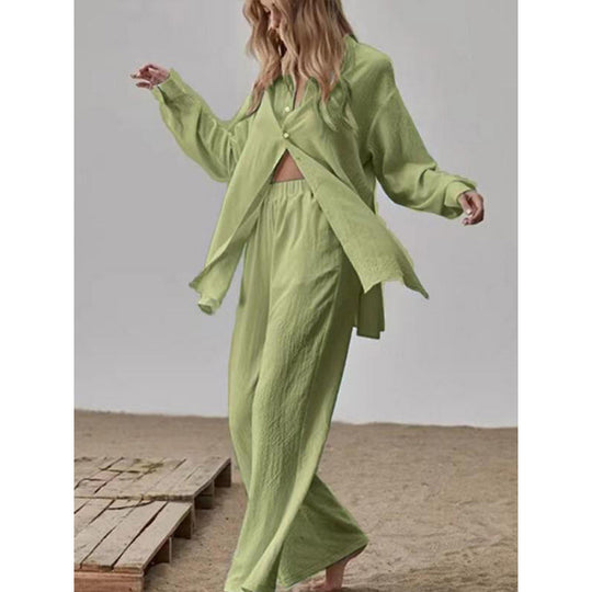 Damen Satin Pyjama Set mit langärmliger Bluse und weiten Hosen EB