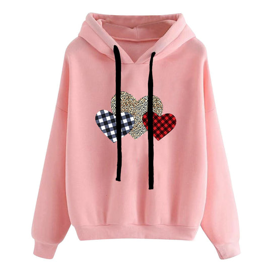 Damen nan lässiger Oversize Kapuzenpullover mit Herz‑und‑Pfotenprint, Kordelzug und gerippten Bündchen EB