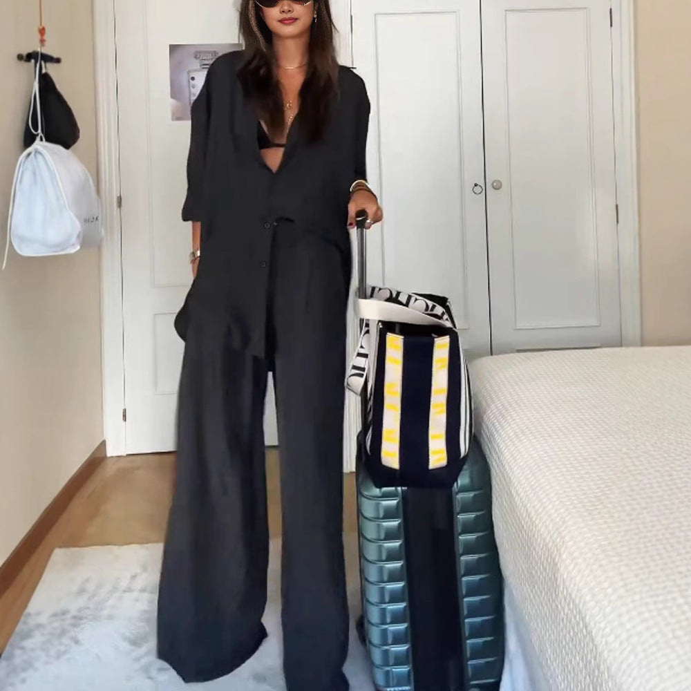 Damen Leinenweite Hose mit tailliertem Oberteil und KNopfdetails EB