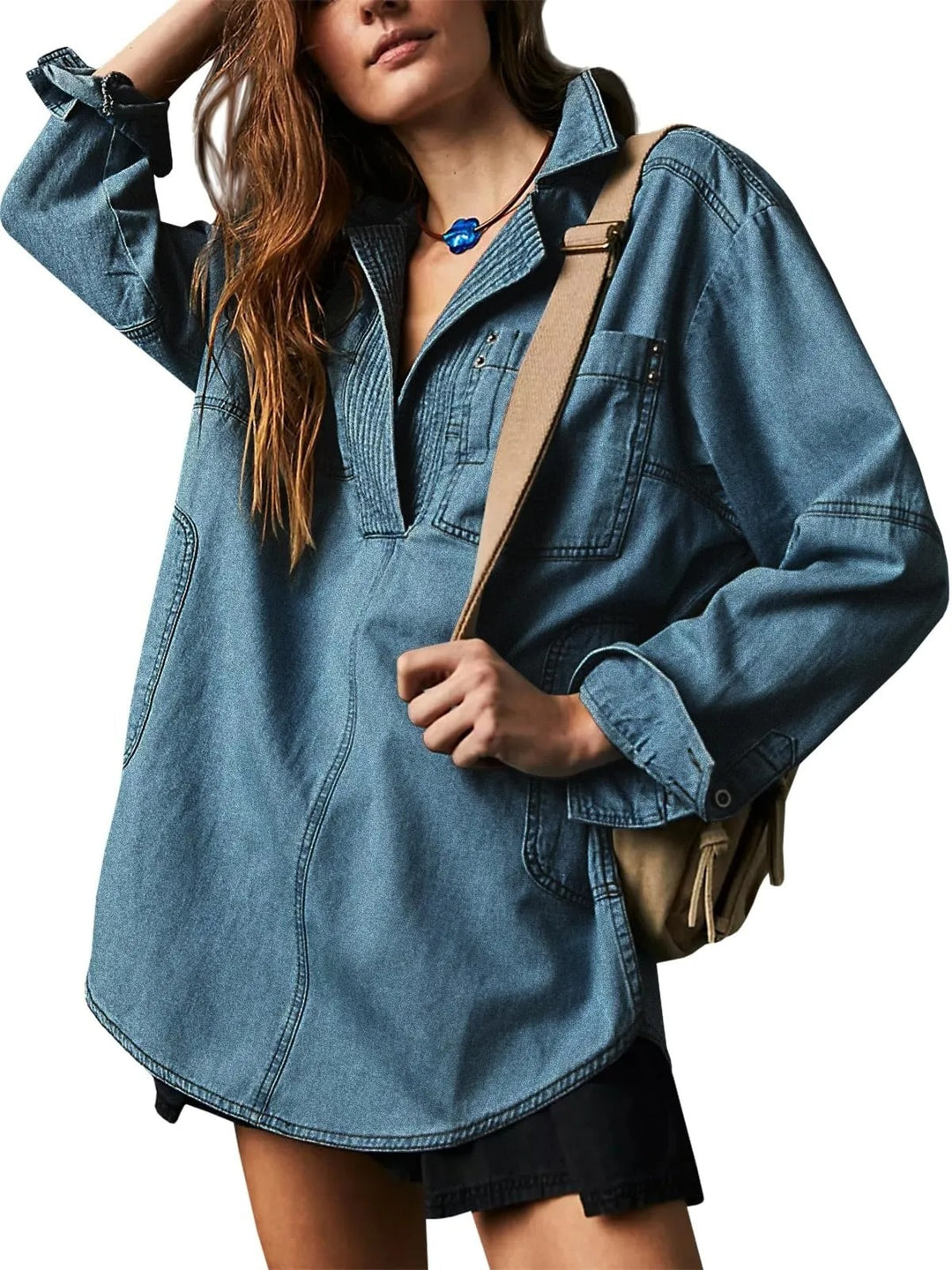 Damen Denim-Shirt mit detailreicher Steppung und lässigem Schnitt EB