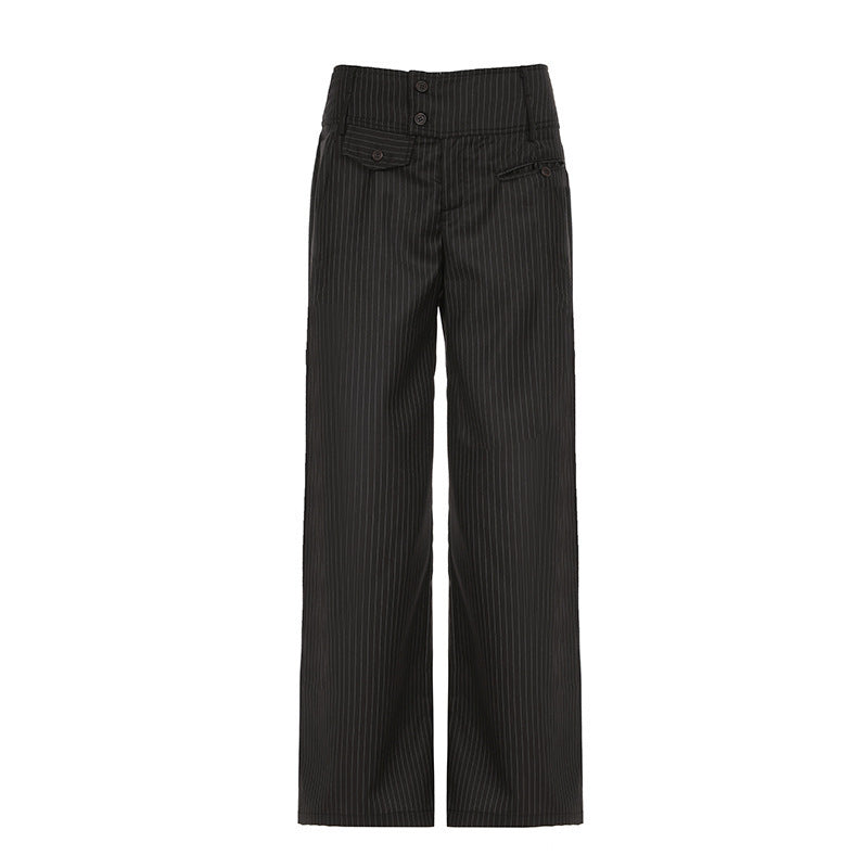 Damen Elegante weit geschnittene Streifenhose mit hoch sitzendem Bund und dekorativen Knopfdetails EB